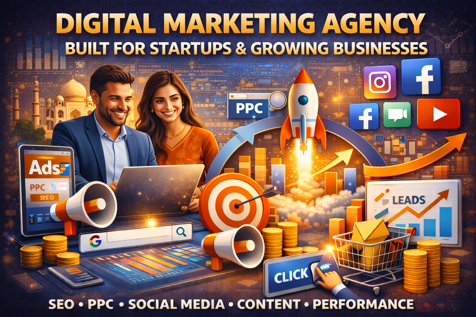 Digital marketing agency team working on laptop to grow startup business online